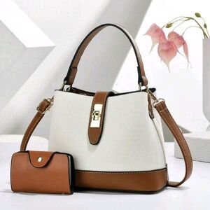 Classic Two-Tone Leatherette Satchel Handbag with Wallet - White & Brown